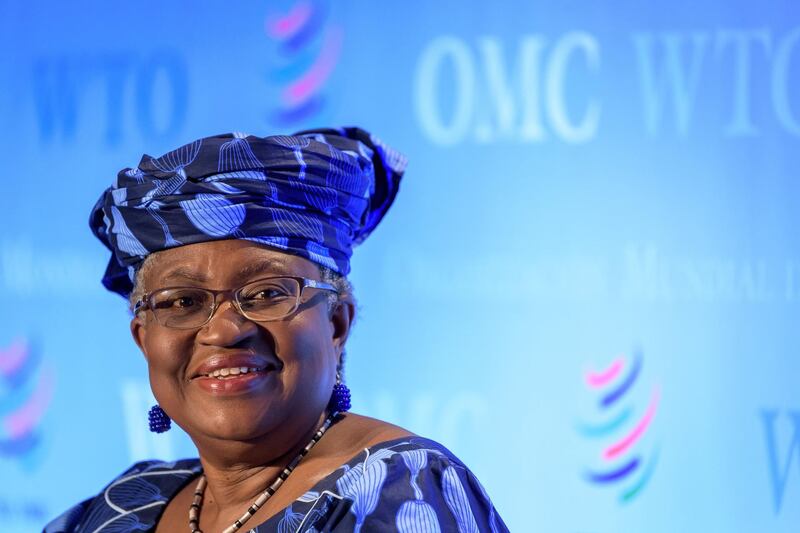 A picture taken on July 15, 2020, in Geneva shows Nigerian former Foreign and Finance Minister Ngozi Okonjo-Iweala smiling during a hearing before World Trade Organization 164 member states' representatives, as part of the application process to head the WTO as Director General. South Korean trade minister Yoo Myung-hee on February 5, 2021 abandoned her bid to become head of the WTOm, Seoul said, clearing the way for Nigeria's Ngozi Okonjo-Iweala to become the global body's first woman and first African director-general. / AFP / Fabrice COFFRINI
