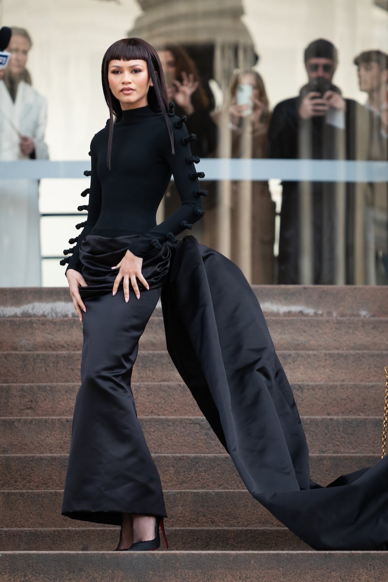 Zendaya at Schiaparelli wearing the label as a taffeta skirt and train with a sculptural velvet top
