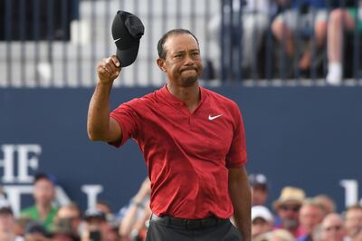 CARNOUSTIE, SCOTLAND - JULY 22:  Tiger Woods of the United States acknowledges the crowd on the 18th green during the final round of the 147th Open Championship at Carnoustie Golf Club on July 22, 2018 in Carnoustie, Scotland.  (Photo by Harry How/Getty Images)