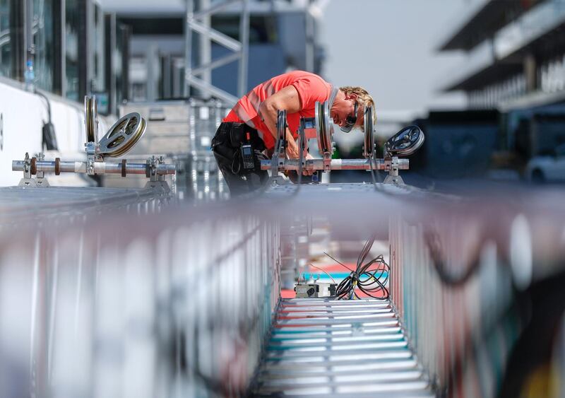 Abu Dhabi, United Arab Emirates, November 26, 2019.  
  Abu Dhabi grand Prix  preparations 2019.
-- A boom stand crew doing some safety checks before proper installation.
Victor Besa / The National
Section:  SP
Reporter:  Simon Wilgress-Pike
