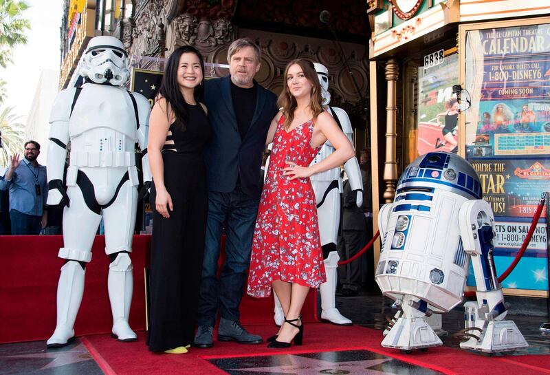 From left: Actors Kelly Marie Tran, Mark Hamill and and Billie Lourd attend the ceremony honoring Hamill with a star on the Hollywood Walk of Fame. AFP