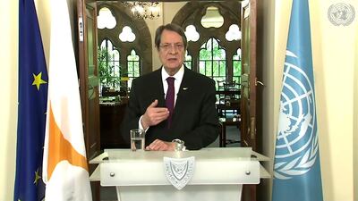 In this image made from UNTV video, Nicos Anastasiades, President of Cyprus, speaks in a pre-recorded message which was played during the 75th session of the United Nations General Assembly, Thursday Sept. 24, 2020, at UN headquarters. (UNTV via AP)