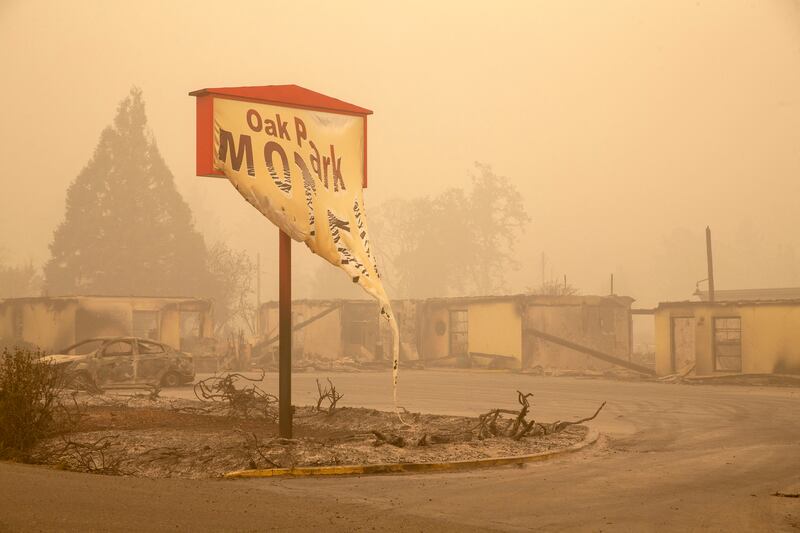 The melted sign of the Oak Park Motel destroyed by the Beachie Creek Fire last summer in Oregon, the US.