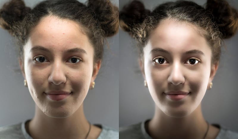 Two samples of same image of teenage girl studio portrait for showing retouch difference and after editing for educational purposes