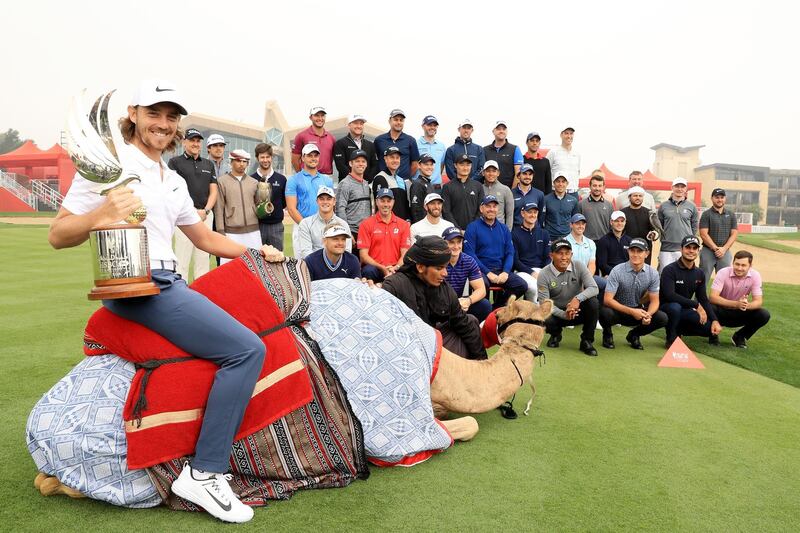 ABU DHABI, UNITED ARAB EMIRATES - JANUARY 16:  Tommy Fleetwood of England and other members of the European tour pose during a photocall for the Abu Dhabi HSBC Golf Championship at Abu Dhabi Golf Club on January 16, 2018 in Abu Dhabi, United Arab Emirates.  (Photo by Andrew Redington/Getty Images)