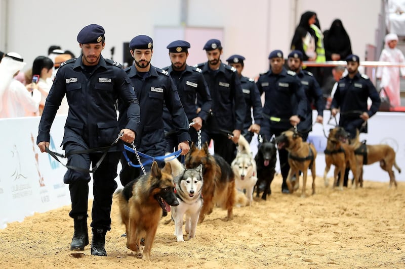 ABU DHABI ,  UNITED ARAB EMIRATES , AUGUST 27 – 2019 :- Members of the K9 of Abu Dhabi Police during the ADIHEX 2019 held at ADNEC in Abu Dhabi. ( Pawan Singh / The National ) For News/Online/Instagram/Big Picture. Story by Daniel 