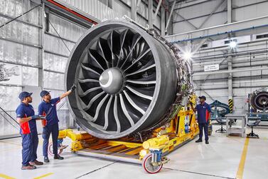 An aircraft engine at a plant operated by Sanad Aerotech, a unit of the Sanad Group, which is owned by Mubadala Investment Company. Courtesy Mubadala Aerospace. 
