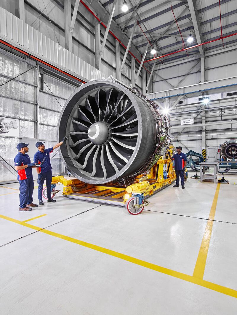 An aircraft engine at a plant operated by Sanad Aerotech, a unit of the Sanad Group, which is owned by Mubadala Investment Company. Courtesy Mubadala Aerospace. 