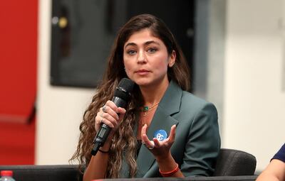 DUBAI ,  UNITED ARAB EMIRATES , AUGUST 19 – 2019 :- Bathoul Ahmed , Public Information Officer , UNHCR, UAE speaking during the World Humanitarian Day Event held at the Humanitarian City warehouse in Dubai. ( Pawan Singh / The National ) For News. Story by Nick Webster 