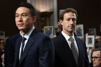 TikTok chief executive Shou Zi Chew and Meta chief executive Mark Zuckerberg arrive to testify before the US Senate Judiciary Committee hearing in January. AFP