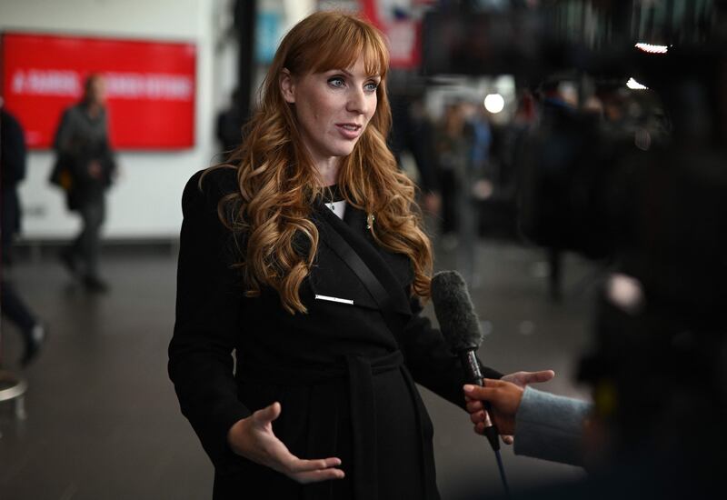 Labour Party deputy leader Angela Rayner speaks during a television interview. AFP