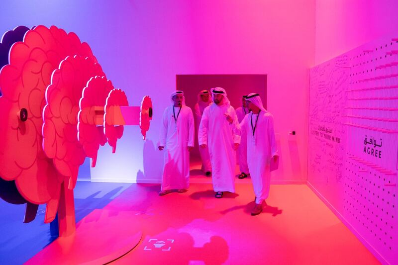 ABU DHABI, UNITED ARAB EMIRATES - October 09, 2018: HH Sheikh Mohamed bin Zayed Al Nahyan Crown Prince of Abu Dhabi Deputy Supreme Commander of the UAE Armed Forces (2nd L), tours the Mohamed Bin Zayed Majlis for Future Generations summit, at Abu Dhabi National Exhibition Centre (ADNEC). Seen with Mohamed Khalifa Al Nuaimi, Director of the Education Affairs Office at the Crown Prince Court of Abu Dhabi (L).

( Hamad Al Kaabi / Crown Prince Court - Abu Dhabi )
---