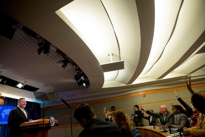 Secretary of State Mike Pompeo takes a question during a news conference at the State Department in Washington. AP Photo