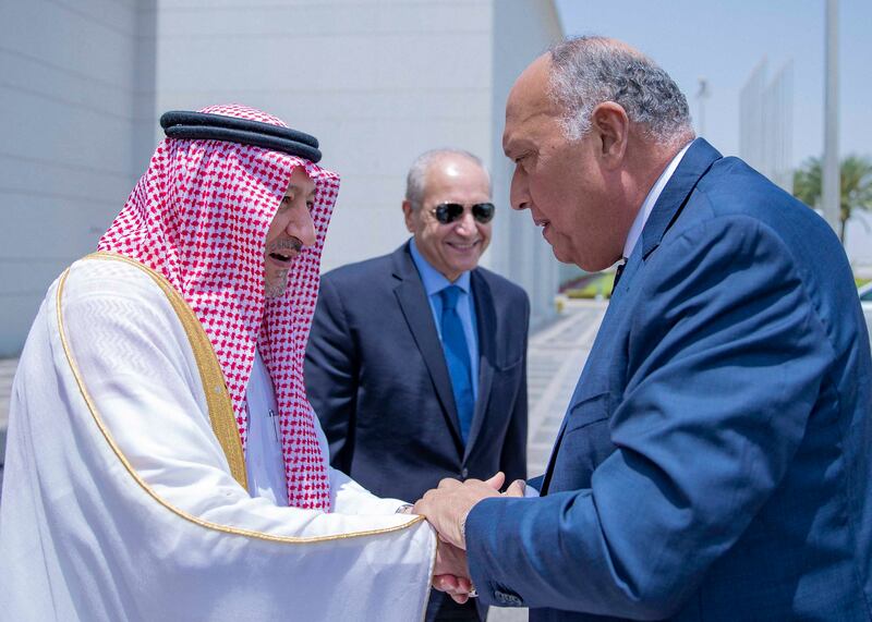 Saudi Deputy Foreign Minister Walid Al Khuraiji receives Egypt’s Foreign Minister Sameh Shoukry at the Royal Hall, in Jeddah. Photo: Saudi Ministry of Foreign Affairs