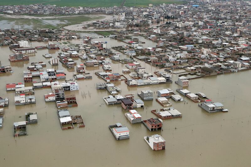 An aerial view of flooding in Golestan province, Iran March 27, 2019. Official Iranian President website/Handout via REUTERS ATTENTION EDITORS - THIS IMAGE WAS PROVIDED BY A THIRD PARTY. NO RESALES. NO ARCHIVES