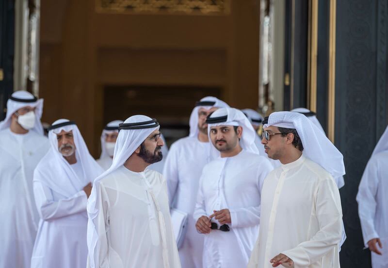 Sheikh Mohammed bin Rashid, Prime Minister and Ruler of Dubai, with Sheikh Mansour bin Zayed, Deputy Prime Minister and Minister of Presidential Affairs, at Qasr Al Watan in Abu Dhabi. Photo: Wam
