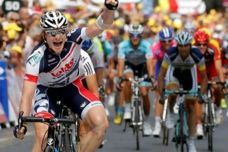 Andre Greipel, the Lotto-Belisol Team rider, beat sprint rival Peter Sagan to win the 13th stage of the Tour de France today. It was the German's fourth win in cycling's most-followed competition. Jean-Paul Pelissier / Reuters