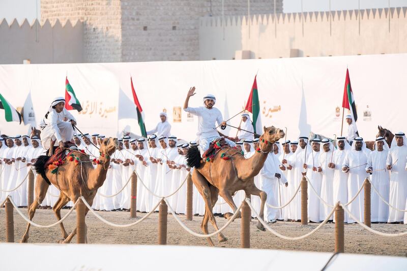 AL WATHBA, ABU DHABI, UNITED ARAB EMIRATES - December 03, 2017: Camel riders participate in the Union March during the Sheikh Zayed Heritage Festival. 


( Rashed Al Mansoori / Crown Prince Court - Abu Dhabi )
---