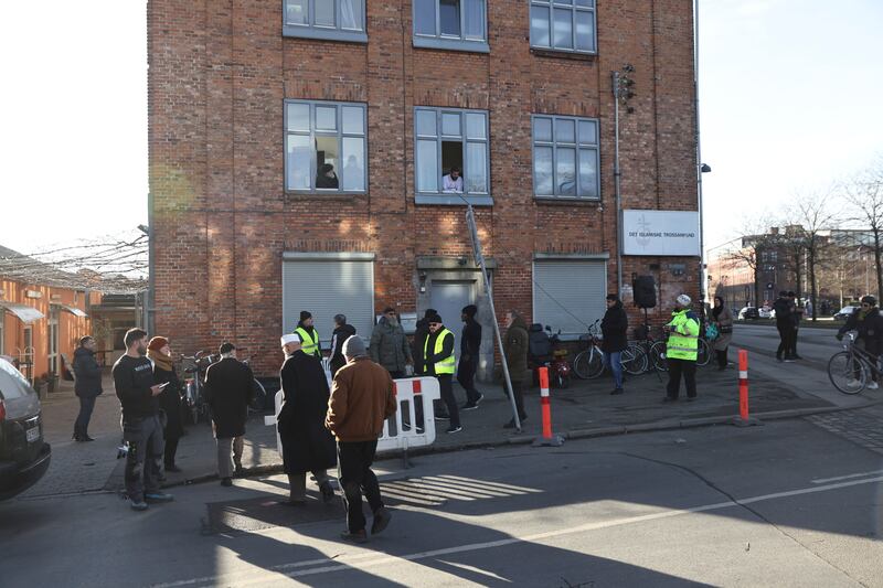 People in front of the mosque in Copenhagen. AP