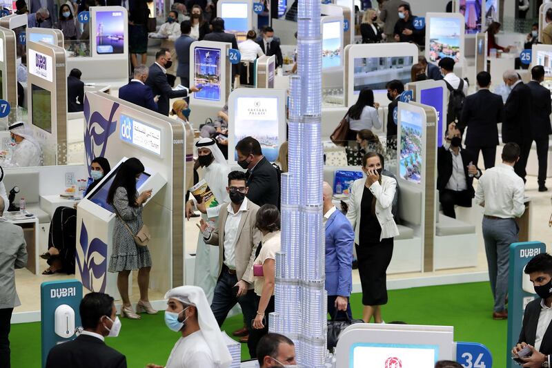 Visitors at the Dubai stand during the Arabian Travel Market held at Dubai World Trade Centre in Dubai on May 16,2021. Pawan Singh / The National. Story by Deena
