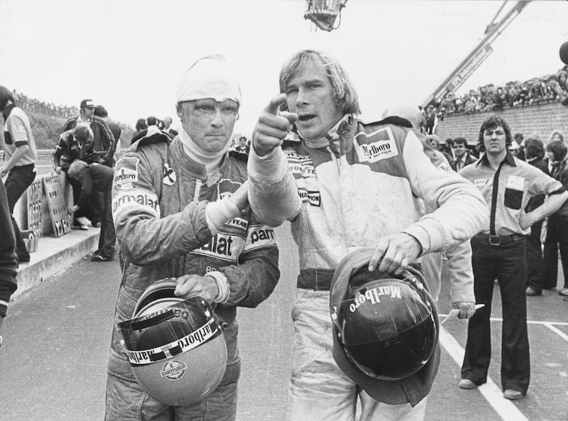 Racing drivers Niki Lauda (left) and James Hunt (1947 - 1993) after both were involved in a multiple collision and forced to retire at the start of the Belgian Grand Prix , Belgium, 21st May 1978. (Photo by Keystone/Getty Images)