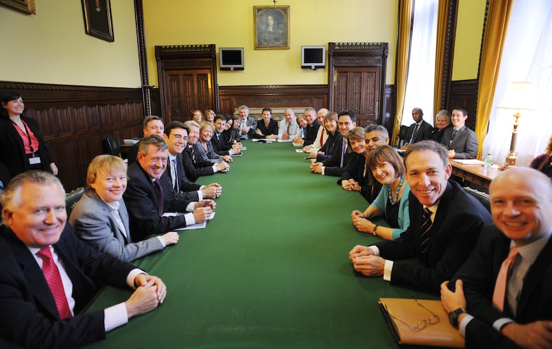 Labour leader Ed Miliband, sixth right, holds his first shadow cabinet meeting at the House of Commons in 2010