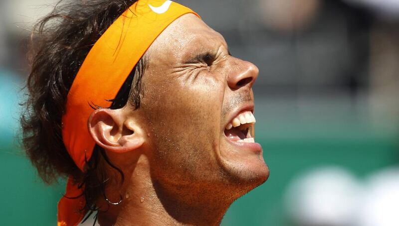 Spain’s Rafael Nadal reacts during his semi-final match of the Monte Carlo Tennis Masters tournament against Andy Murray of Great Britain, in Monaco, Saturday, April 16, 2016. (AP Photo/Lionel Cironneau)