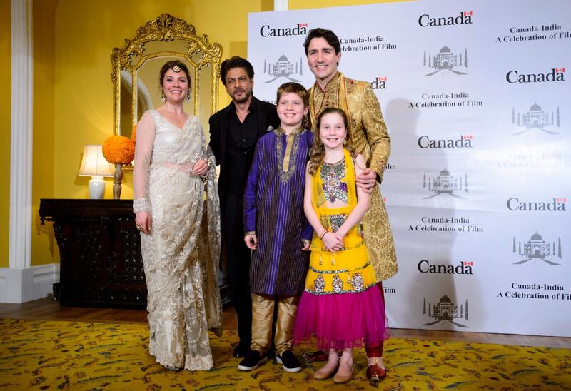 The Trudeaus meet Indian movie star Shan Rukh Khan in Mumbai. Sean Kilpatrick / The Canadian Press via AP