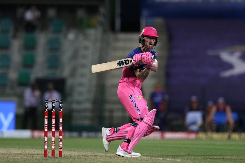 Ben Stokes of Rajasthan Royals plays a shot during match 45 of season 13 of the Dream 11 Indian Premier League (IPL) between the Rajasthan Royals and the Mumbai Indians at the Sheikh Zayed Stadium, Abu Dhabi  in the United Arab Emirates on the 25th October 2020.  Photo by: Pankaj Nangia  / Sportzpics for BCCI