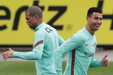 Portugal soccer team players Pepe (L) and Cristiano Ronaldo (R) during the training session at Cidade do Futebol in Oeiras, outskirts of Lisbon, Portugal, 31 May 2022.  Portugal will play against Spain, Czech Republic and Switzerland for the upcoming UEFA Nations League in June.   EPA / TIAGO PETINGA