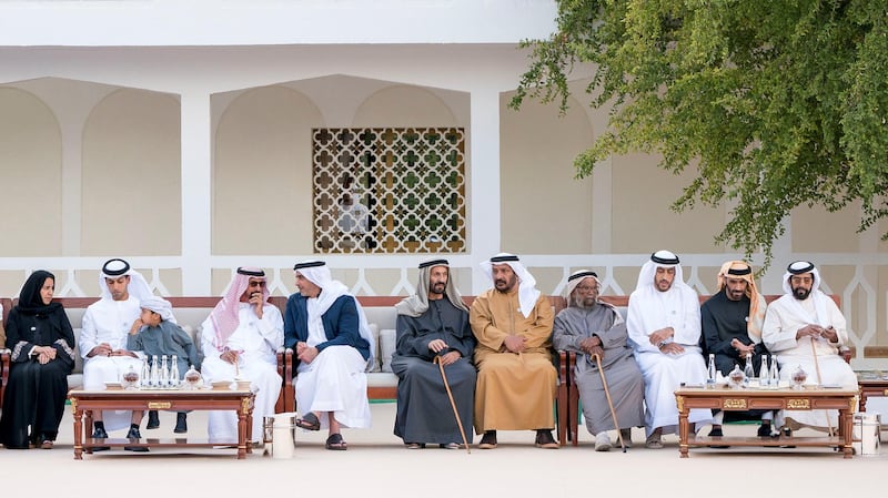 AL AIN,ABU DHABI, UNITED ARAB EMIRATES -January 08, 2018: HH Sheikh Tahnoon bin Mohamed Al Nahyan, Ruler's Representative in Al Ain Region (R), HH Sheikh Nahyan Bin Zayed Al Nahyan, Chairman of the Board of Trustees of Zayed bin Sultan Al Nahyan Charitable and Humanitarian Foundation (2nd R), HH Sheikh Abdullah bin Rashid Al Mu'alla, Deputy Ruler of Umm Al Quwain (3rd R), HH Sheikh Saeed bin Mohamed Al Nahyan (5th R), HH Lt General Sheikh Saif bin Zayed Al Nahyan, UAE Deputy Prime Minister and Minister of Interior (7th R), HE Hamad bin Suhail Al Khaili (8th R), HH Sheikh Khaled bin Zayed Al Nahyan, Chairman of the Board of Zayed Higher Organization for Humanitarian Care and Special Needs (ZHO) (10th R) and HE Dr Maitha Salem Al Shamsi, UAE Minister of State (L), attend a Al Maqam Palace barza.

( Rashed Al Mansoori / Crown Prince Court - Abu Dhabi )
---