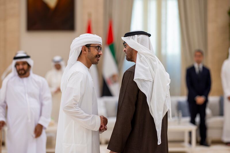 President Sheikh Mohamed and Sheikh Abdullah bin Zayed, Minister of Foreign Affairs, attend condolences on the passing of Sheikh Tahnoon bin Mohammed, Ruler's Representative in Al Ain Region, at Al Mushrif Palace. Ryan Carter / UAE Presidential Court