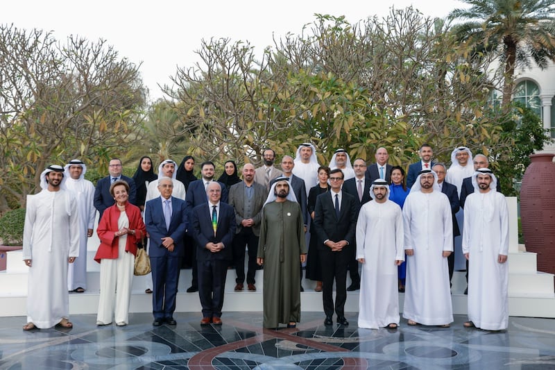 Sheikh Mohammed bin Rashid met with the chairman and members of the 'Arab Geniuses' committee. Photo: Sheikh Mohammed bin Rashid / Twitter