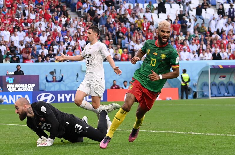 Eric Maxim Choupo-Moting celebrates after scoring Cameroon's third goal against Serbia. Getty