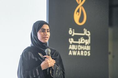 Fatima Al Kaabi, a previous winner of the Abu Dhabi Awards, speaks during the launch in May. Khushnum Bhandari for The National