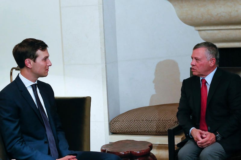 King Abdullah II, right, receives White House adviser, Jared Kushner, Tuesday, Aug. 22, 2017, in Amman, Jordan. Kushner has touched down in Cairo, the latest stop on his Mideast trip to discuss the possibility of resuming the Israeli-Palestinian peace process. Egypt's Foreign Ministry says Kushner, who is also the son-in-law of President Donald Trump, will meet Egyptian officials, including Foreign Minister Sameh Shourky. (The Royal Hashemite Court Twitter via AP)