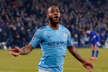 Manchester City's Raheem Sterling celebrates scoring their third goal. Action Images via Reuters