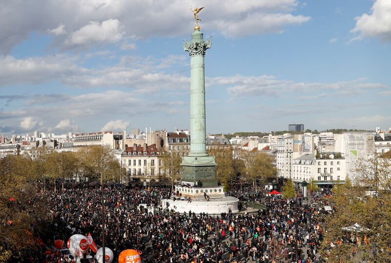 Protesters gather on the Place de la Bastille in Paris. Reuters