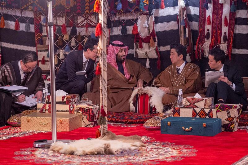 Crown Prince Mohammed bin Salman meets with Mr. Abe during a meeting in Riyadh.