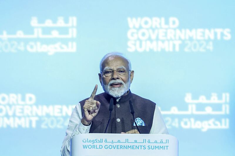 India's Prime Minister Narendra Modi addressing global leaders at the World Governments Summit in Dubai. AFP