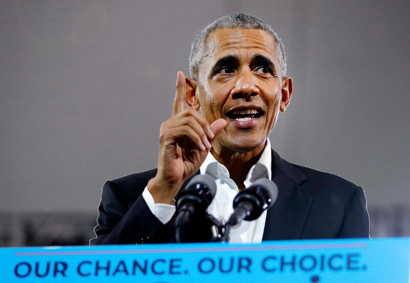 FILE - In this Nov. 8, 2018 file photo, former President Barack Obama steps on stage to speak during a campaign rally for Georgia gubernatorial candidate Stacey Abrams at Morehouse College in Atlanta.  Since leaving the White House nearly four years ago, former President Barack Obama has repeatedly called for a new generation of political leaders to step up. On Wednesday, heâ€™ll implore Americans to vote for Joe Biden, a 77-year-old who has been on the national political stage for more than four decades. (AP Photo/John Bazemore)