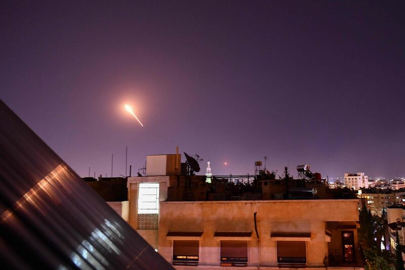Syrian Air defences respond to Israeli missiles targeting south of the capital Damascus, on July 20, 2020. Israeli strikes south of the Syrian capital wounded seven Syrian soldiers, state media reported, in an attack which a war monitor said hit several positions of regime forces and Iran-backed militias. / AFP / STR

