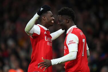 LONDON, ENGLAND - JANUARY 22: Eddie Nketiah celebrates with Bukayo Saka of Arsenal after scoring the team's third goal during the Premier League match between Arsenal FC and Manchester United at Emirates Stadium on January 22, 2023 in London, England. (Photo by Shaun Botterill / Getty Images)