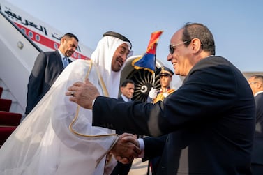 Sheikh Mohamed bin Zayed, Crown Prince of Abu Dhabi, and Abdel Fattah El Sisi, President of Egypt, at Cairo international Airport. Ministry of Presidential Affairs 