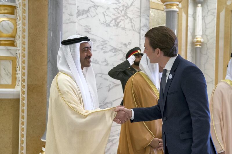 ABU DHABI, UNITED ARAB EMIRATES - April 29, 2018: HE Sebastian Kurz, Chancellor of Austria (R) greets HH Sheikh Abdullah bin Zayed Al Nahyan, UAE Minister of Foreign Affairs and International Cooperation (L), during a reception held at the Presidential Palace.
 
( Mohamed Al Hammadi / Crown Prince Court - Abu Dhabi )
---