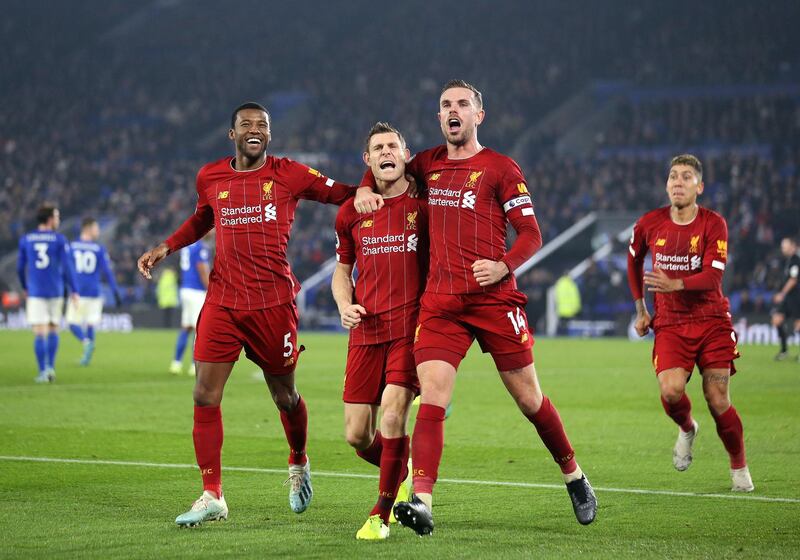 James Milner celebrates after scoring for Liverpool against Leicester City at The King Power Stadium.. Getty Images