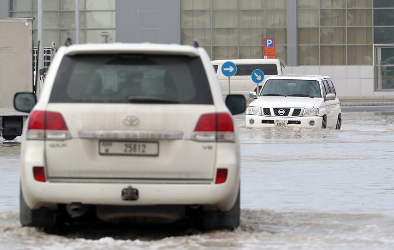 A flooded road in Al Quoz Industrial area. Pawan Singh / The National