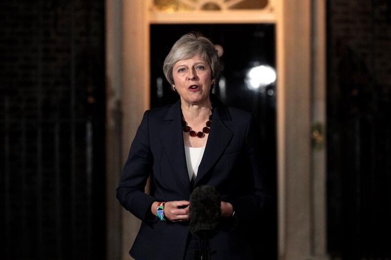 LONDON, ENGLAND - NOVEMBER 14:  British Prime Mininster, Theresa May delivers a Brexit statement at Downing Street on November 14, 2018 in London, England. Theresa May addresses the nation after her cabinet of senior ministers met and approved the wording of the draft Brexit agreement which will see the UK leave the European Union on March 29th 2019.  (Photo by Dan Kitwood/Getty Images)