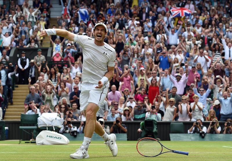 Murray celebrates his win over Milos Raonic of Canada in the men's singles final of the 2016 Wimbledon Championships in London, Britain. EPA