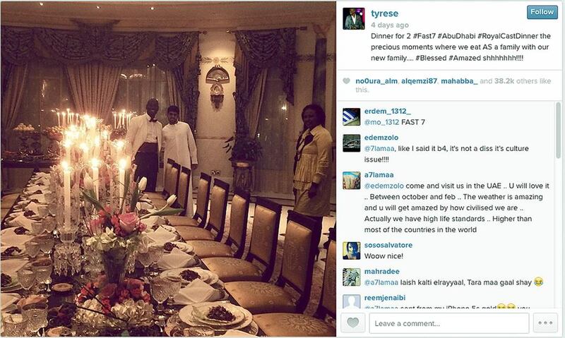 Tyrese Gibson's instagram posting prior to a dinner in the UAE for the cast of Fast & Furious 7.